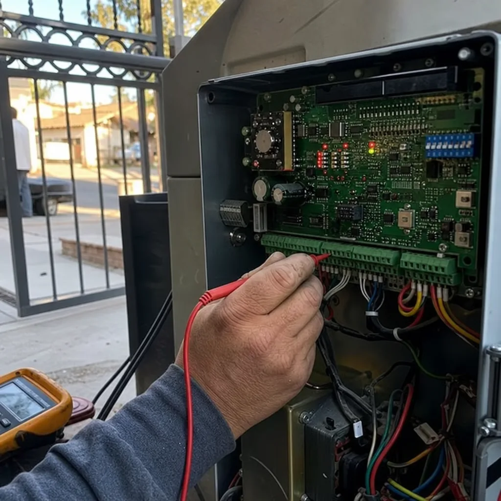 Technician using a multimeter to repair an electric gate control board