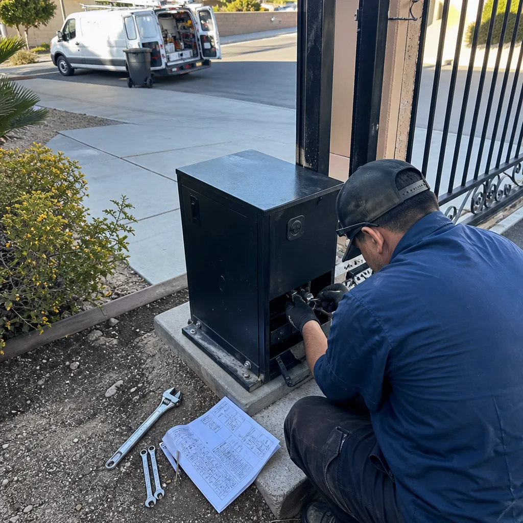Technician performing professional electric gate repair service