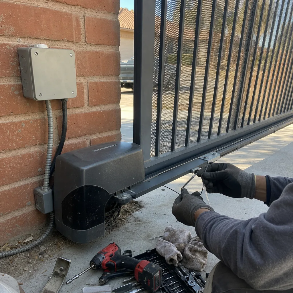 Technician performing maintenance on an electric sliding gate motor
