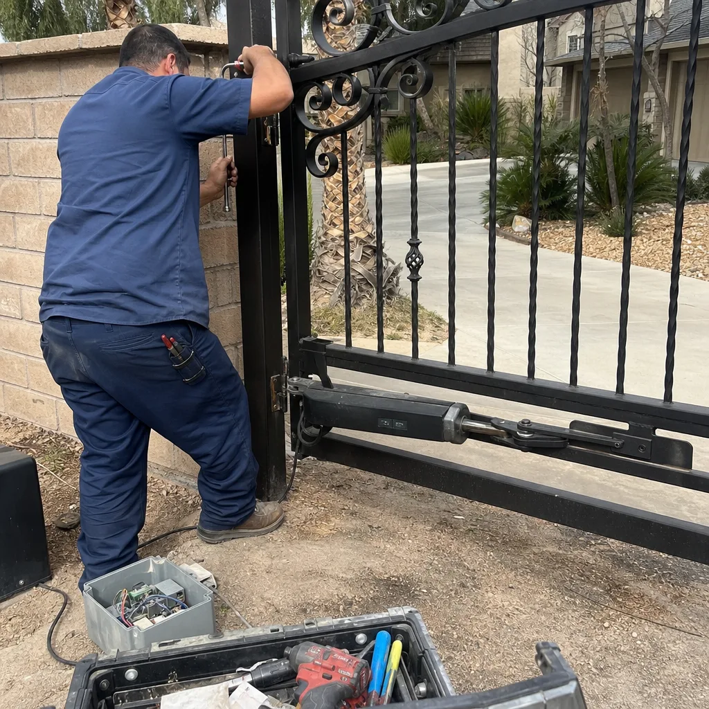 Technician performing professional automatic gate motor repair and maintenance