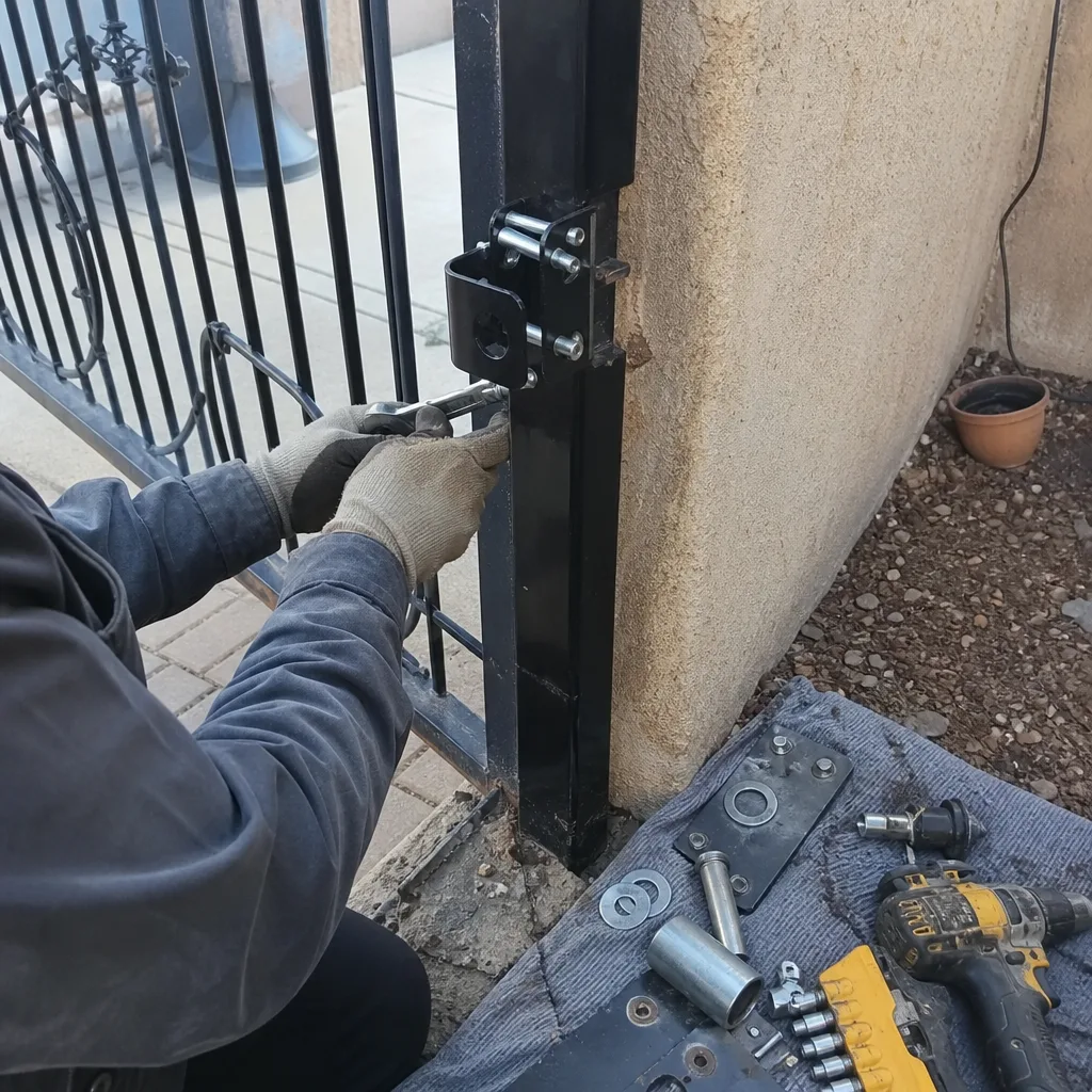 Technician performing metal gate repair and hardware installation