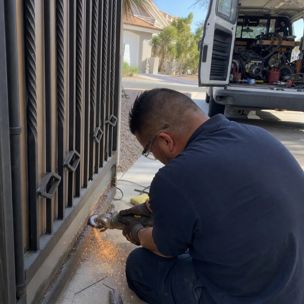 Technician using an angle grinder to repair a metal gate